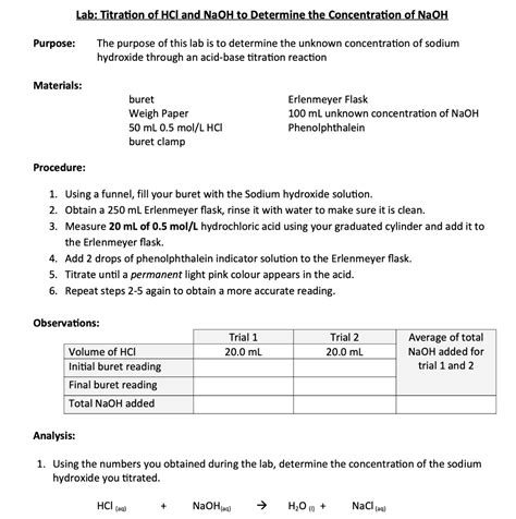 Lab Titration Of Hcl And Naoh To Determine The Concentration Of Naoh