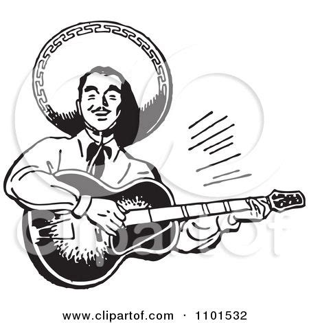 Clipart Retro Black And White Happy Mexican Mariachi Guitarist ...