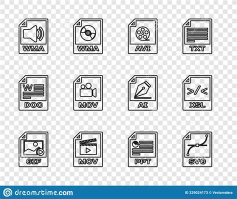 Set Line File Document Svg Avi Mov Wma Ppt And Xsl Icon