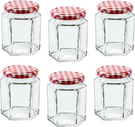 Offer Shop Glass Jam Jars With Red Gingham Lid And Labels 280ml 9oz Hexagonal Storage Glass