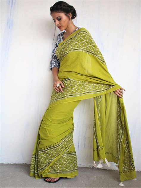 Buy Green Cotton Mul Block Printed Saree Online At Theloom