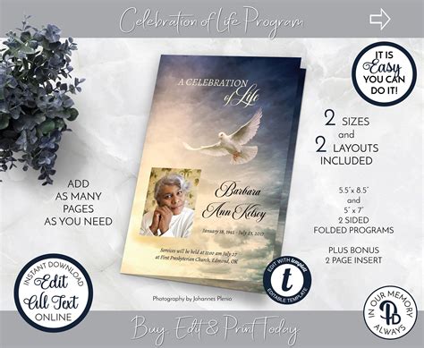 Sunburst Dove Funeral Program Obituary Template Celebration Of Life