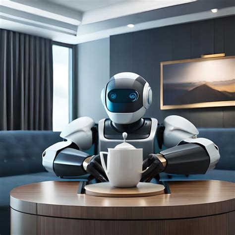 Un Robot Se Sienta En Una Mesa Redonda Con Una Taza De Caf Frente A L