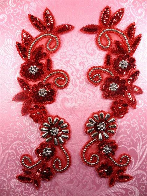 0183 Appliques Red And Silver Mirror Pair Sequin Beaded Etsy