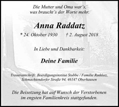 Traueranzeigen Von Anna Raddatz Trauer In Nrw De