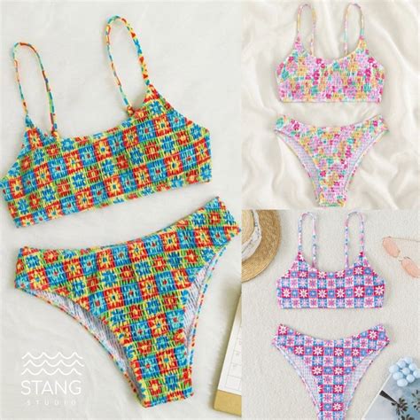 Bikini Swimwear Wrinkled Fabric Crop Top High Waisted Underwear With