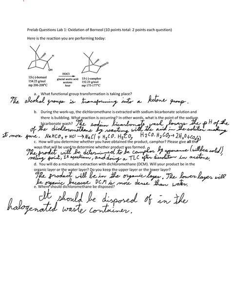 Pre Lab 1 Pre Lab Prelab Questions Lab 1 Oxidation Of Borneol 10 Points Total 2 Points