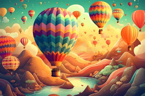 Image Of Hot Air Balloons Flying In The Sky Over River And Mountains