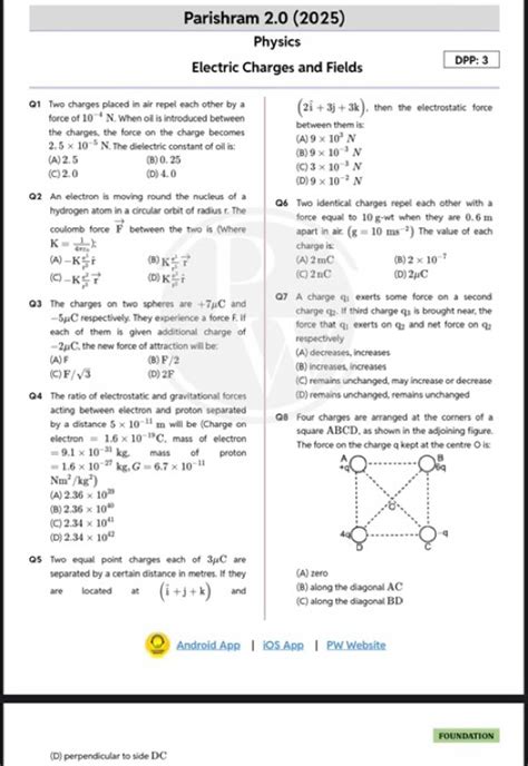 Parishram 2 0 2025 Physics Electric Charges And Fields Dpp 3 Q1 Two Ch