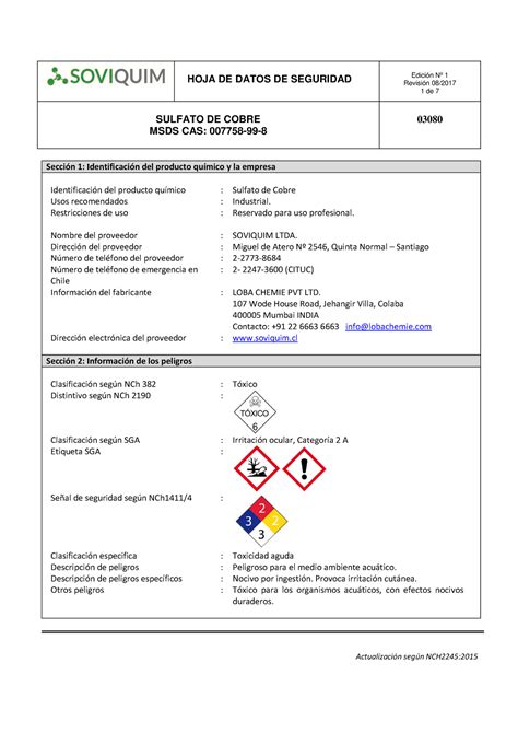 Sulfato De Cobre Hoja De Datos De Seguridad Revisi N De