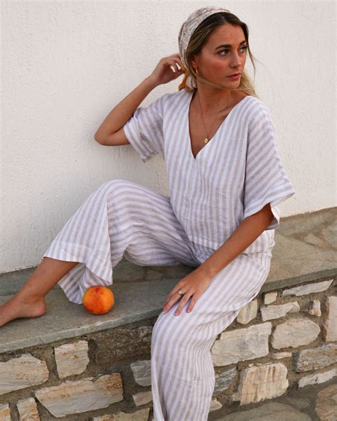 Beige Stripe French Linen Clothing Linen Loungewear Set Linen