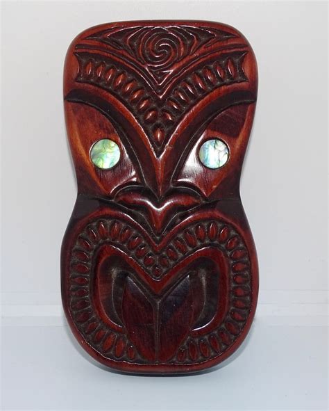 Maori New Zealand Wood Carved Tiki Teko Teko Face With Paua Shell Eyes