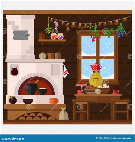 Interior of Russian Village House with Russian Stove. Traditional Farm