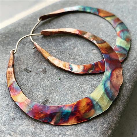 Copper Hoop Earrings Rainbow Hoops Hammered Thick Blade Hoops