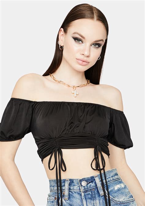 Off The Shoulder Ruched Front Crop Top Black Dolls Kill