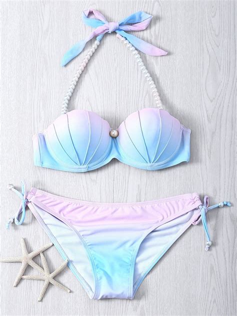 Colormix M Sweet Beaded Halter Neck Color Ombre Bikini Set RoseGal