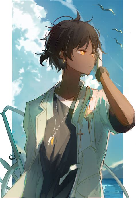 Safebooru 1boy Arknights Bangs Bird Black Hair Black Shirt Blue Sky Clouds Dark Skin Day Glo