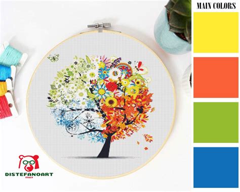 Four Seasons Tree Cross Stitch Pattern Pdf Embroidery Chart Cute Wall