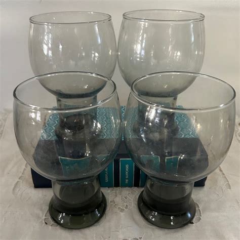 Libbey Dining Lot Of 4 Vintage Retro Libbey Stax Smoke Gray Globe Pedestal Style Glasses Mcm