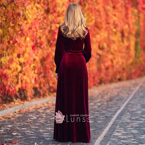 Elegant Burgundy Velvet Long Sleeve Maxi Evening Dress Lunss