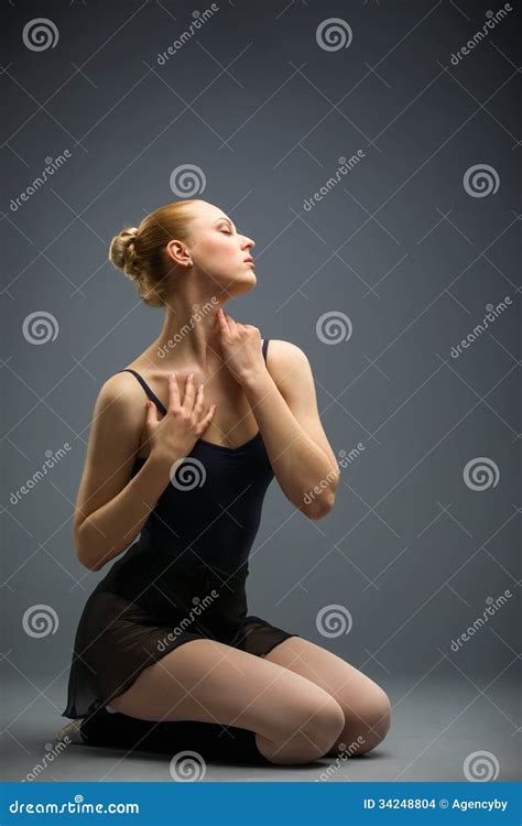 Dancing On The Wooden Floor Ballet Dancer With Her Eyes Closed Stock