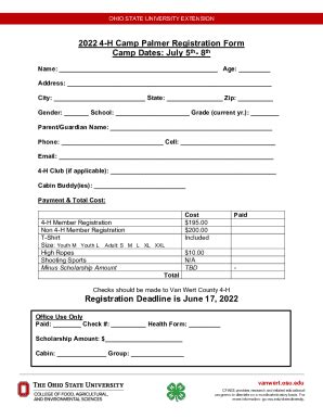 Fillable Online Vanwert Osu H Camp Palmer Registration Form Camp