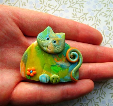 Polymer Clay Colorful Marbled Cat Brooch Or Magnet Fimo Figuren Fimo