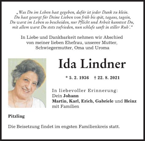 Traueranzeigen von Ida Lindner Allgäuer Zeitung