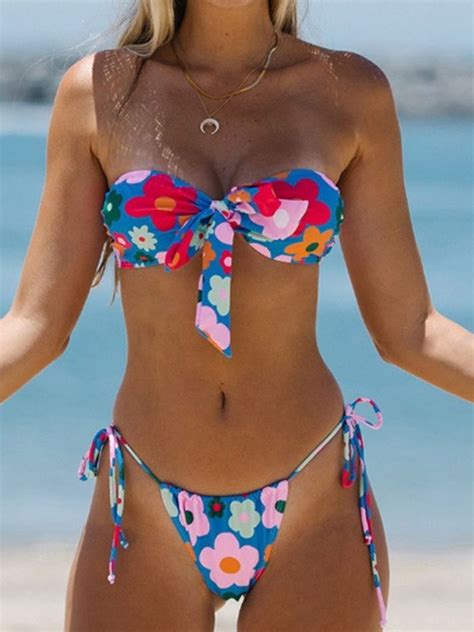 Emmiol Free Shipping Strappy Tie Floral Bikini Set Blue S In