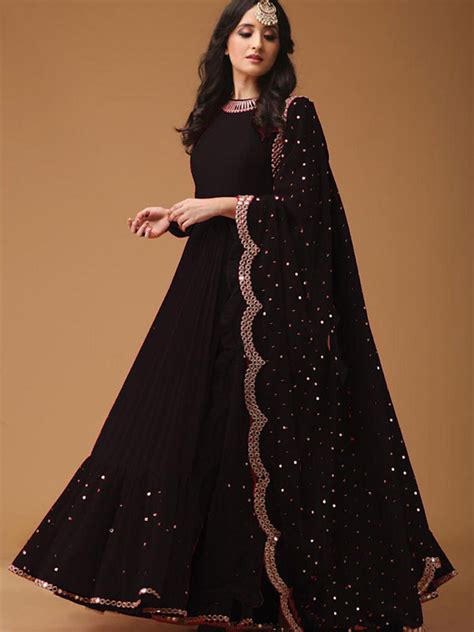 Fox Georgette Embroidery And Diamond Work Black Gown Indian Fashion