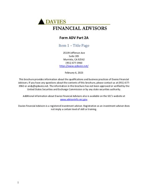 Fillable Online Davies Financial Advisors Form Adv Part 2a Brochure February 6 2023 Fax Email