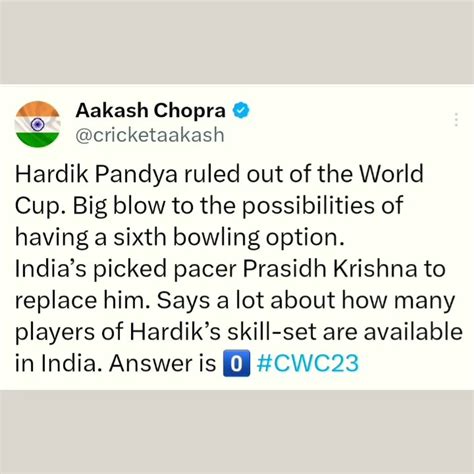 Hardik Pandya Ruled Out Of World Cup Prasidh Replaces Him In The