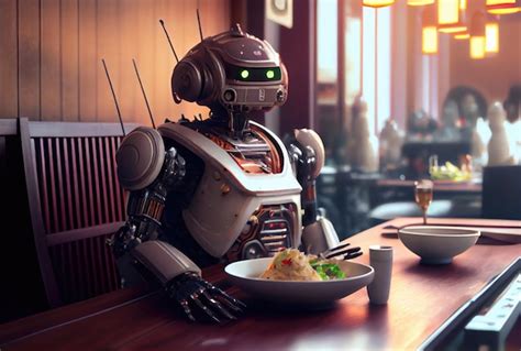 Robot Humanoide Gourmet Como Cliente Comiendo Comida En El Restaurante