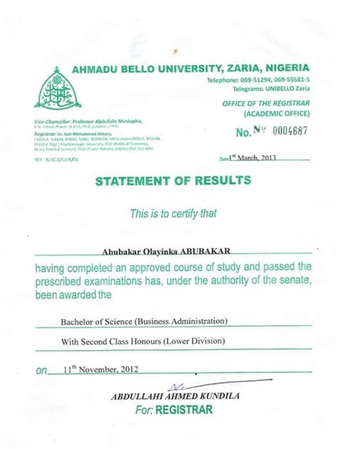 Abubakar Ao Abu Statement Of Results Pdf