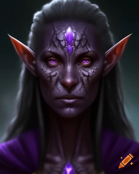 Middle Aged Drow Elf Mage With Black Skin And Amethyst Eyes In Purple