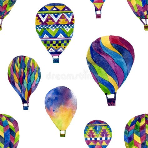 Watercolor Seamless Pattern With Hot Air Balloon Stock Vector