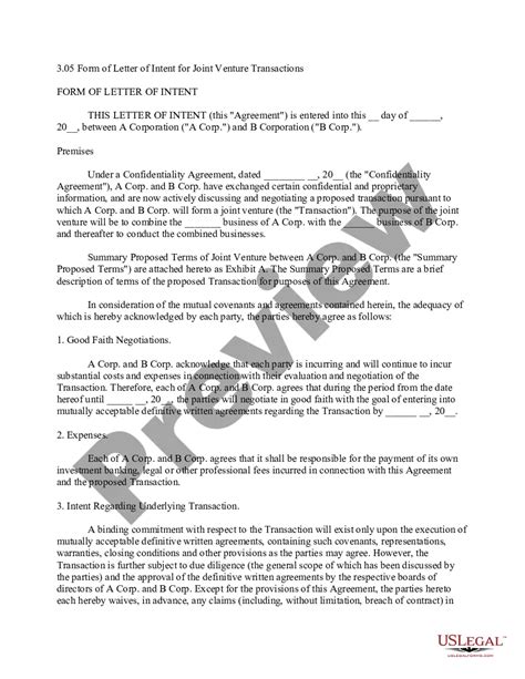 Sample Letter Of Intent To Form Joint Venture Us Legal Forms