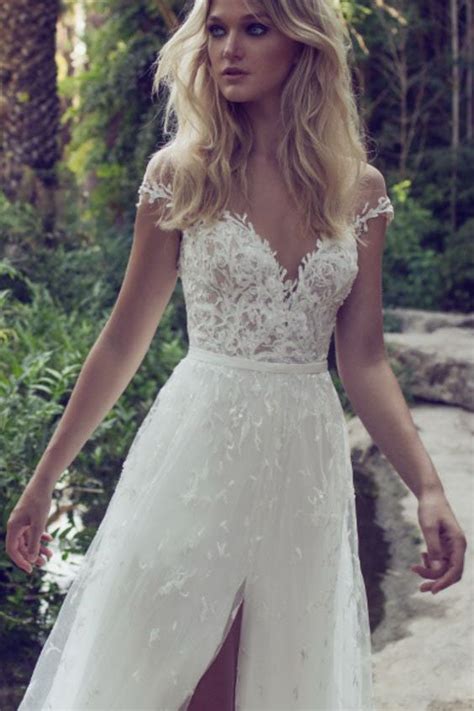 Lace Boho Off the shoulder Cap Sleeves Long Country Slit Wedding Gown ...