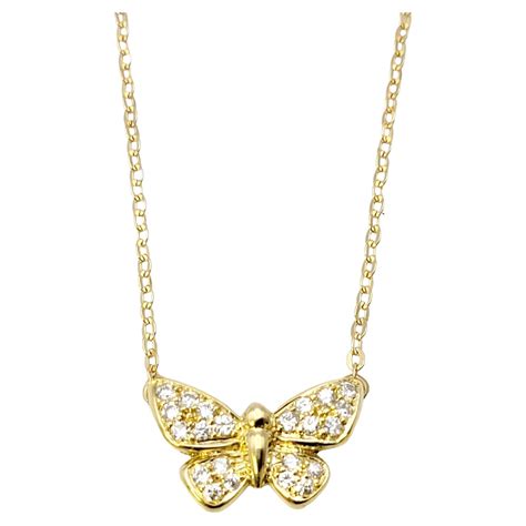 18 Karat Yellow Gold Pave Diamond Butterfly Pendant Necklace For Sale