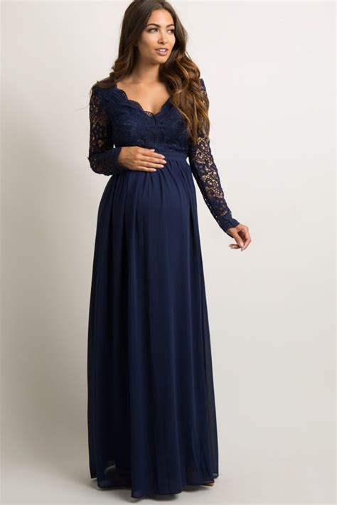 Navy Blue Scalloped Crochet Chiffon Maternity Evening Gown Maternity