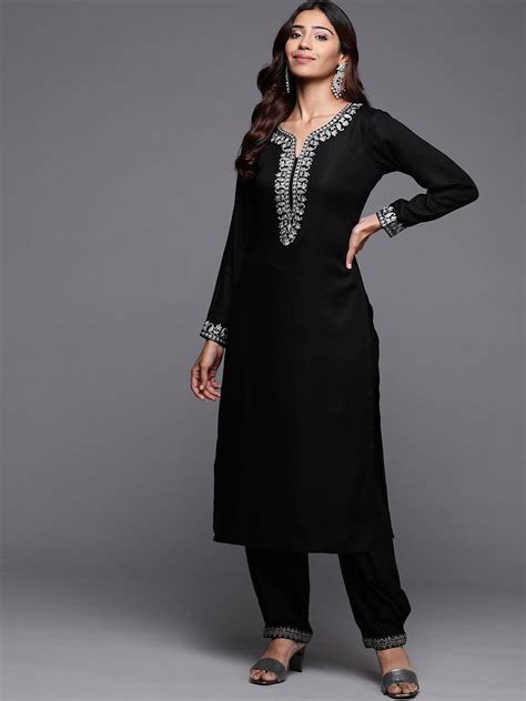 Buy Black Embroidered Pashmina Wool Straight Kurta Online At Rs 719 Libas