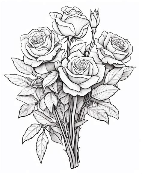 A Drawing Of A Bunch Of Roses With Leaves On A White Background