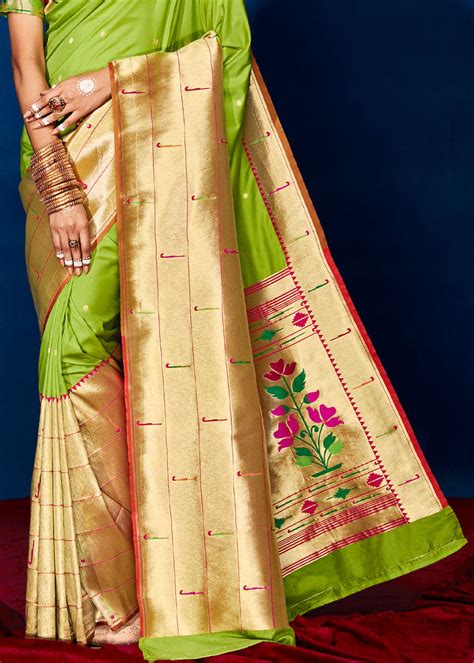 Parrot Green Woven Paithani Silk Saree Mysilklove