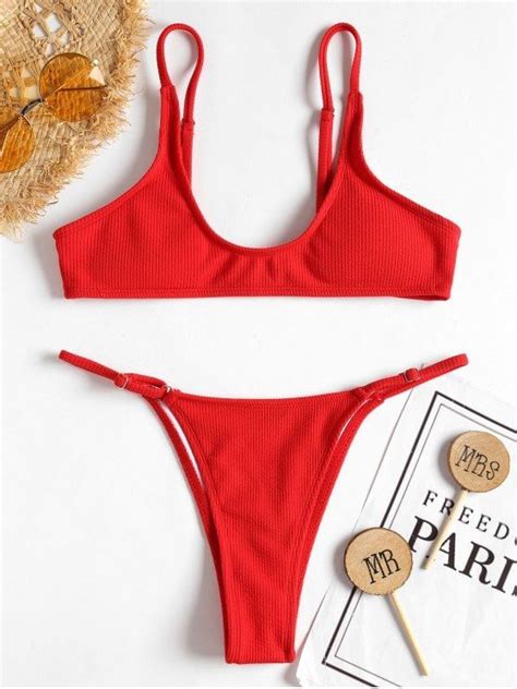 Rib High Leg Bikini Set Love Red L