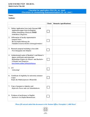 Fillable Online Medizin Unibas Checklist For Application Phd Dr Sc