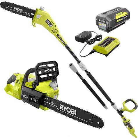 Ryobi 14 In 40 Volt Brushless Lithium Ion Cordless Chainsaw And 10 In Cordless Pole Saw 4 Ah