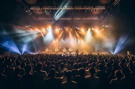 Una Multitud De Personas En Un Concierto Con Una Banda Tocando En El