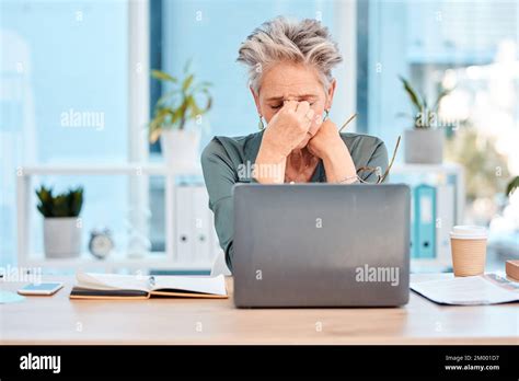 Stress Headache And Woman With Laptop Mental Health And Anxiety In Office Depression