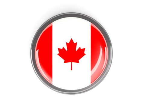 Metal framed round button. Illustration of flag of Canada