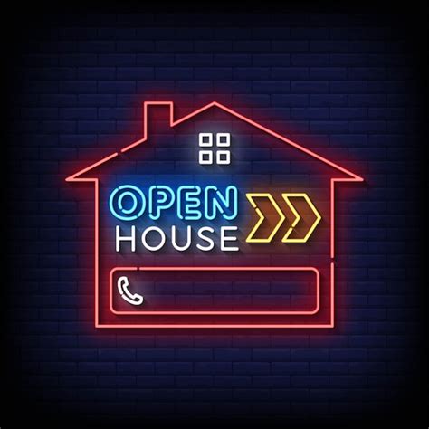 Premium Vector Neon Sign Open House With Brick Wall Background Vector